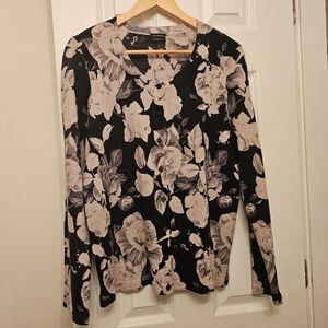 Talbots Floral Lightweight Merino Wool Cardigan Monochrome Black White Roses L
